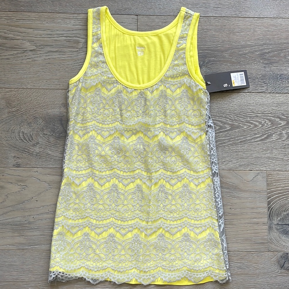 Mossimo Neon Yellow Tank with Silver Gray Lace Overlay. Small